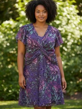 Adrianna Papell Purple Floral Midi Dress Size 22 W. Plus Size, wedding